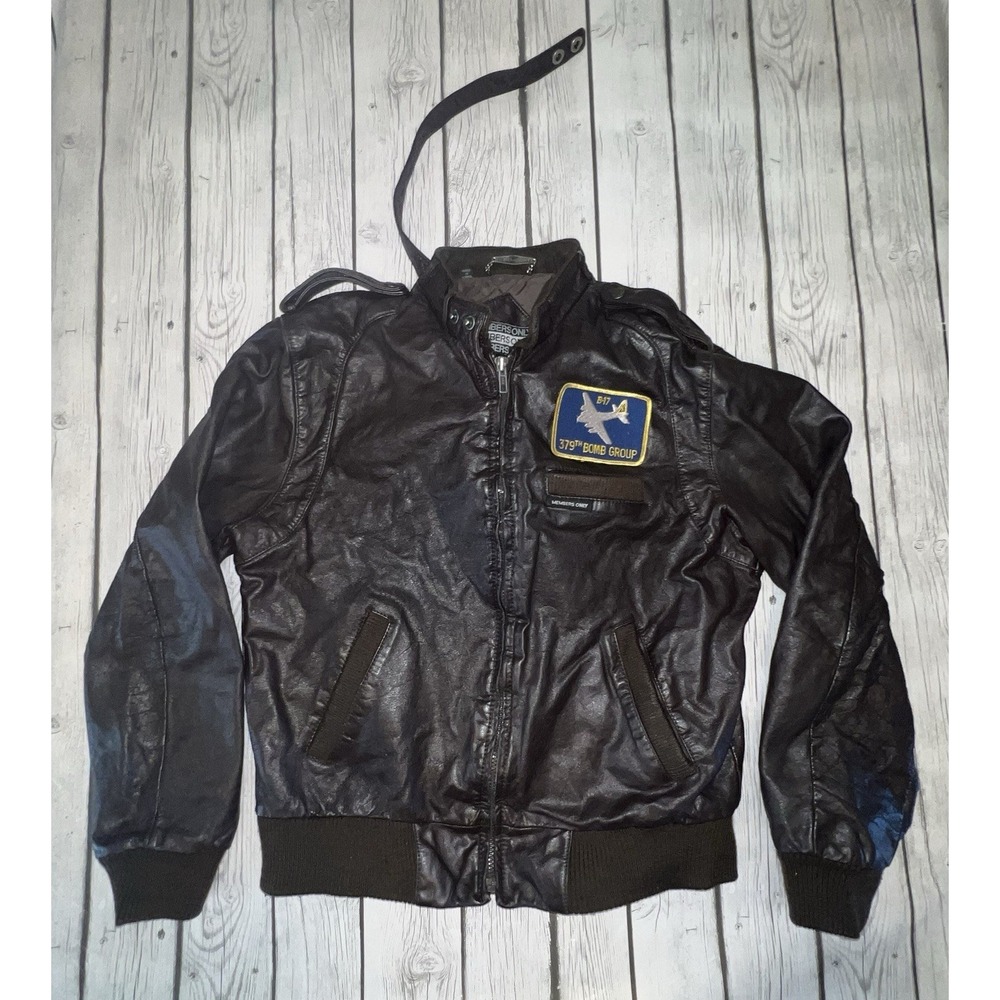 VTG Members Only Brown Bomber Leather Jacket With Patch B-17 379 Bomb Group - Picture 1 of 9